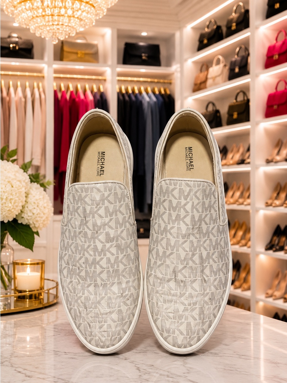 Michael Kors Men's Slip-On Loafers in Light Beige MK Logo